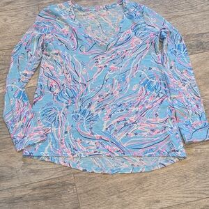 Lilly Pulitzer XXS Bayside Blue Etta Blue and Pink Women's Long Sleeve Top